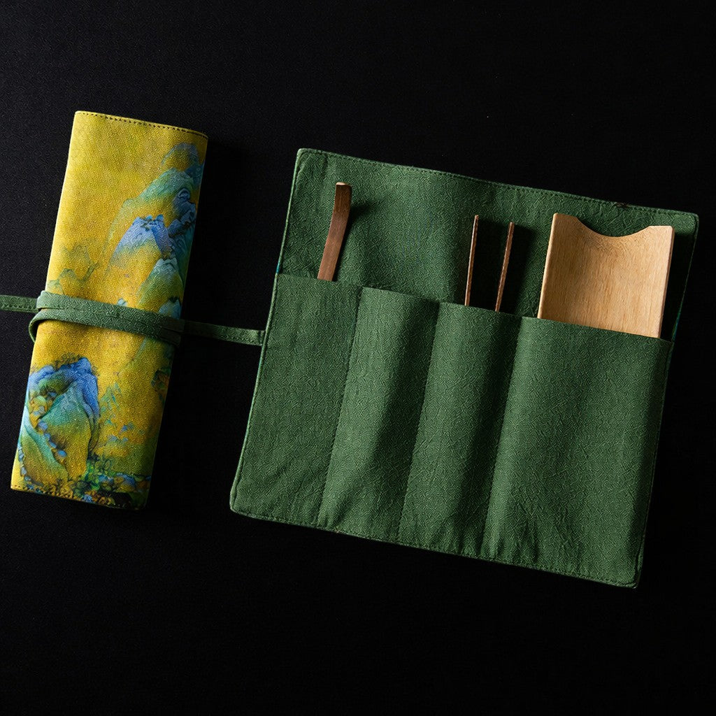 Gong Fu Cha travel mat shown with bamboo tea tools for the tea ritual