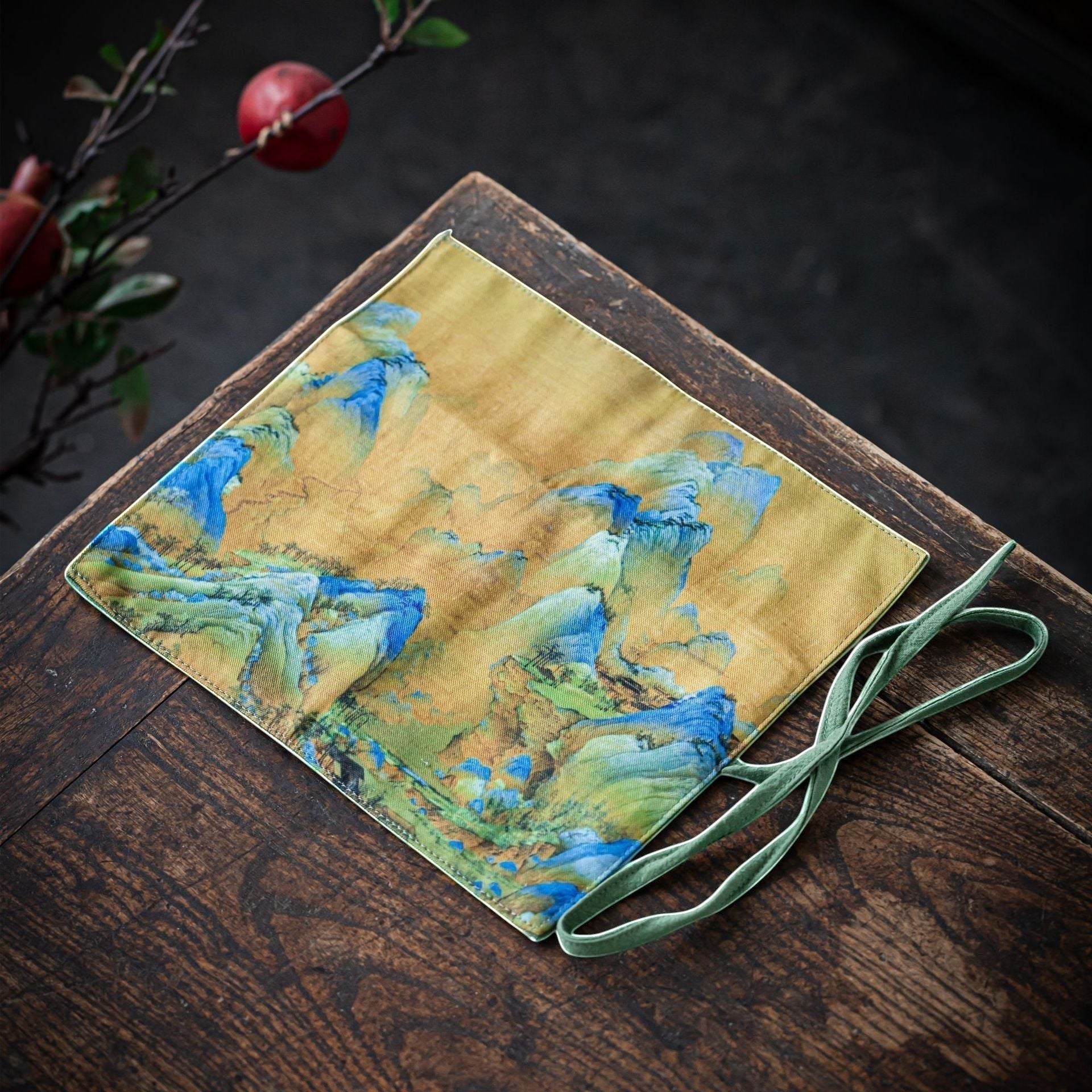 TeArt Space Gong Fu Cha travel mat with golden landscape print, blue and green mountains, fabric, 25x23cm.
