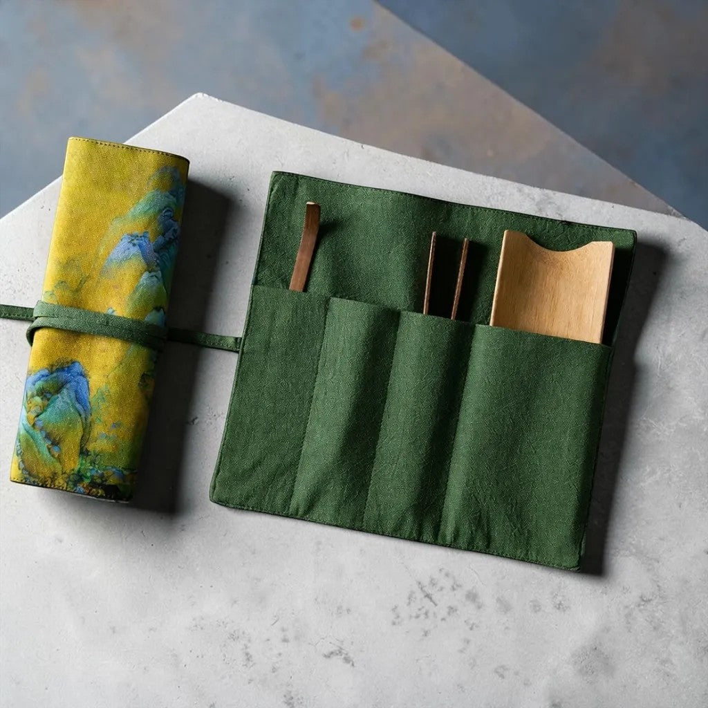 Gong Fu Cha travel mat shown with bamboo tea tools for the tea ritual